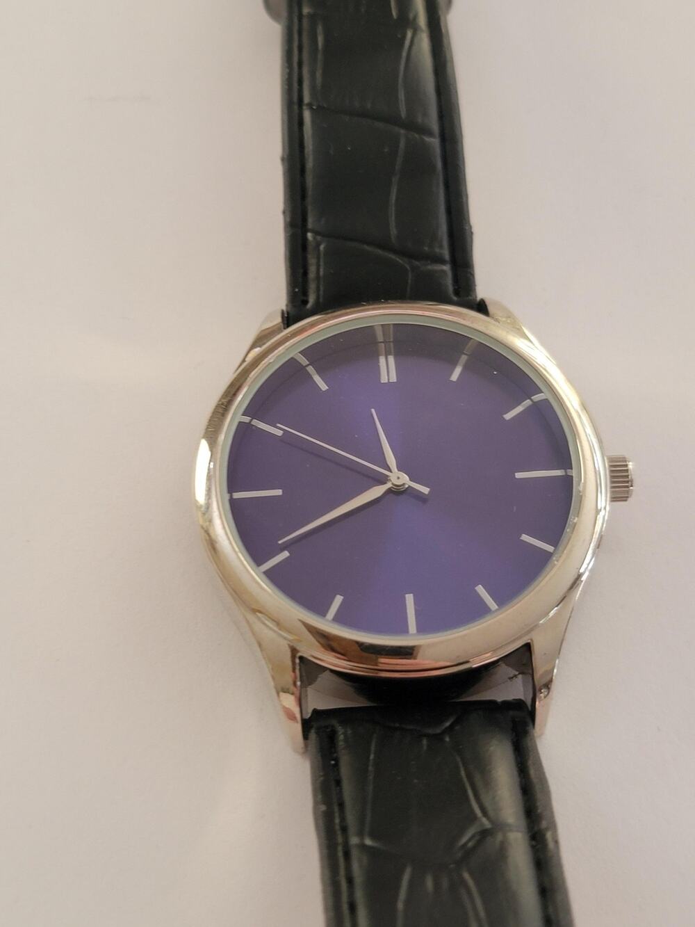 FMD Mens Watch Purple Dial Silver Case Black Faux Leather Strap Quartz Analog